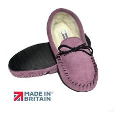 Ladies Moccasin Slippers Heather Hard Sole Real Suede Wool Lining UK Coopers