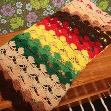 Long Vintage Red Brown Green Yellow Stripy Knitted Blanket Throw Bed Runner