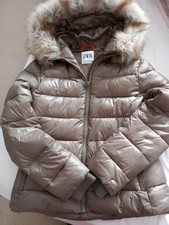 Zara Gold/bronze Puffa Jacket With Hood And Fur Trim
