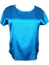 Blue shiny satin short sleeved top blouse. 44"/46" bust. New size 18/20 UK.