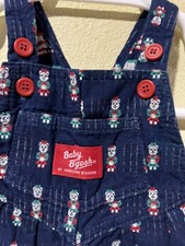 VTG Oshkosh B'Gosh Vestbak Blue Red Teddy Bear Bow Print Overalls Sz 12 Mo USA