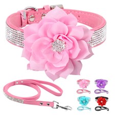Bling Diamond Dog Collar with Big Flower and Lead Soft Suede Leather Necklace XS
