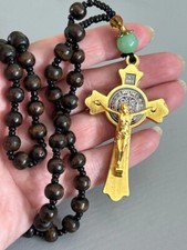 large and heavy goldtone metal Cross Crucifix on rosary bead wood necklace