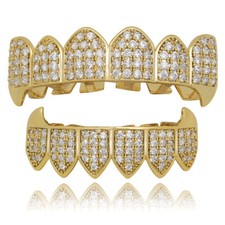 5A+ CZ Gold Silver Plated Teeth Grillz RAP Hip Hop Grills Fangs Top Bottom Set