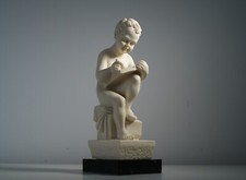 Italian Neoclassical Style Resin Figurine Black Stone Base, Sitting Boy Reading