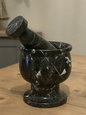Vintage Heavy Veined Black Solid Marble Footed Pestle & Mortar Mid Century 