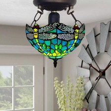 Tiffany Green Dragonfly Ceiling Lamp 10 inch Stained Glass Shade Antique Style