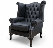 Queen Anne Italian Leather Chesterfield Buttoned High Back Chair Black