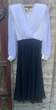 Vintage ‘80s Ursula of Switzerland Dress Chiffon Black White Shoulder Pads UK 10