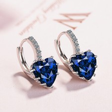 925 Sterling Silver Cute Blue Heart CZ Crystal Gem Huggie Hoop Earrings Gift UK