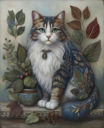 Blue eyed calico cat - cat, floral