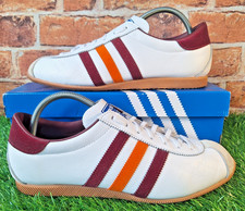 ADIDAS ORIGINALS CADET TRAINERS SIZE 8.5 WHITE LEATHER / BURGUNDY & ORANGE TRIM
