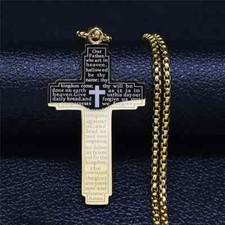Mens Women Chain Necklace  Cross Stainless Steel Pendant Lords Prayer Jesus UK