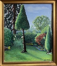 VINTAGE OIL PAINTING California Minimalist Garden Landscape MARY SHARP