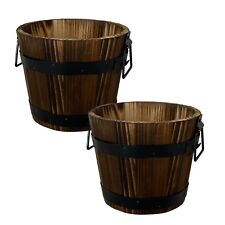 2Pc Round Wooden Barrel Planter 28cm with Metal Handles Band Garden Outdoor Tub