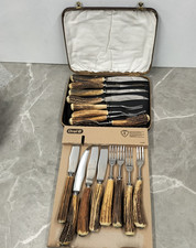 Stag Antler Horn Steak Knives & Forks 16Pc 8 Setting Vintage Elkington & Co