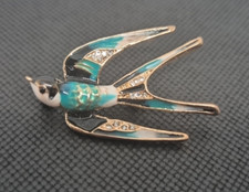 Swallow Bird Crystal Brooch Green Enamel Gold Tone Pin
