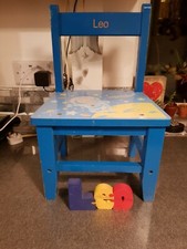 Leo personalised child chair and Leo carved jigsaw letters