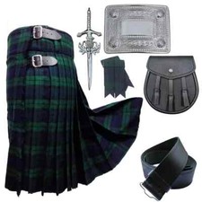 New Men's Scottish Kilt Set 5Yards Black Watch Tartan Sporran 6pcs Acrylic wool