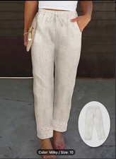 ELEGANT  LINEN WIDE STRAIGHT LEG TROUSERS LACE DETAIL SIZE MEDIUM 10-12-14 MILKY