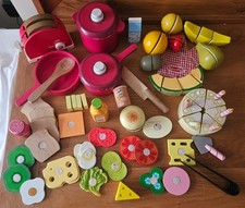 Wooden & rubber pots, pans, toaster & food pretend play toy bundle job lot