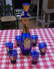 Vintage Bohemian Cobalt Blue Glass Cordial Decanter Set Gold Hand Painted Floral