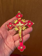 Large Baroque style Goldtone metal bright red Crucifix holding Cross 166
