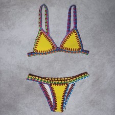 Handmade Crochet Patch Bikini Womens XS XXS Swimwear Triangle Yellow Multi Beach