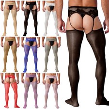 Men's Sissy Sheer Lace Suspender Pantyhose Crotchless Garters Stockings Hosiery