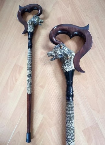 Walking stick cane wolf - walking, carved