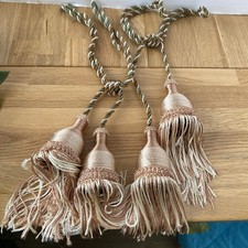 Vintage Pair French Curtain Tie Backs Rope 2 Tassel Country House Cream Mocha