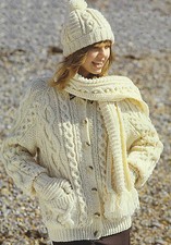 Ladies Aran Knitting Pattern Cardigan, Hat, Mittens and Scarf 32-42"   644