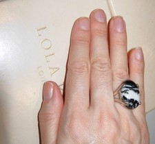 LOLA ROSE ZEBRA JASPER STERLING SILVER RING BLACK WHITE SIZE N USA 6.75 MINT QVC