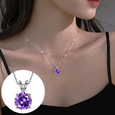 925 Sterling Silver Round Amethyst Stone Solitaire Pendant Cable Chain Necklace