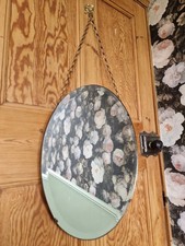 vintage 1930s bevel edge portrait deco wall mirror chain hung oval