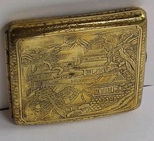 Antique Damascene Japanese Brass Cigarette Case Engraved Pagoda & Birds c1900