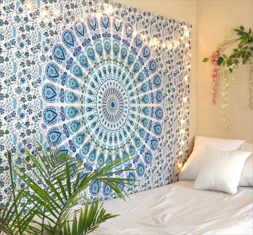 Turquoise mandala tapestry - turquoise,