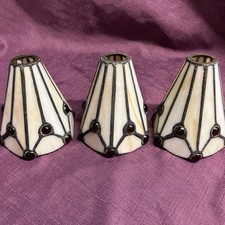 3 Small Tiffany Stained Glass Angled Shades Cream marbled Glass & Orange Beads