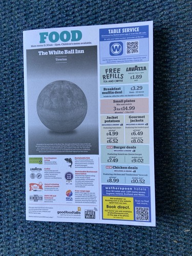 Wetherspoons food and bar menu - and,