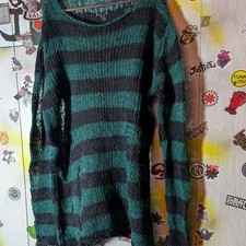 Goth Punk Rock Distressed Striped Pullover Jumper One Size