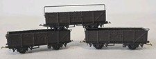 3X PECO N GAUGE LONG OPEN COAL ORE WAGONS WITH SHEET RAILS IN BROWN