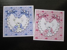 Set of 2  x BABY BEAR ON A LACED BIB FOR A BOY & A GIRL  Hand Made Card Toppers 