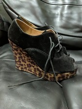 Truffle Leopard Faux Fur Faux Suede Wedge Shoes UK 6 EU 39 Burlesque Rockabilly
