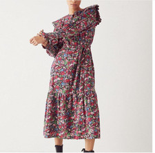 Warehouse Floral Scallop belted midi dress UK14 Red Long Sleeves Ruffles E4086