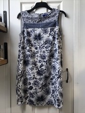 Next Blue & White Sleeveless Linen Mix Shift Dress Size 12 Floral/Birds VGC