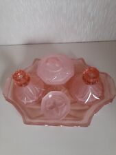 Sowerby 1930s Art Deco Pink Frosted Glass 5 Pc Vanity Dressing Table Set