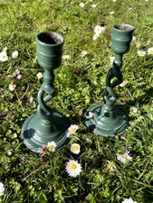Metal Candlestick Holders – Green Enamel with Barley Twist Stem Design