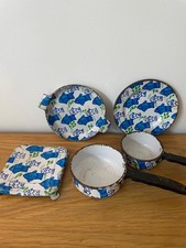Children's Vintage miniature toy pan set Mid-century French Enamelware