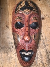 Bulbous Eyes Lips Tattooed 24”Huge wood Indonesian Mask Heavy Red Black Birds