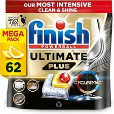 Finish Dishwasher Tablet, Ultimate Plus, 62 Detergent Tablets, Lemon Sparkle